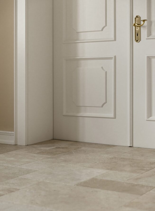 Naturstein Travertin Tuscany Beige Fliesen im Römischen Verband getrommelt